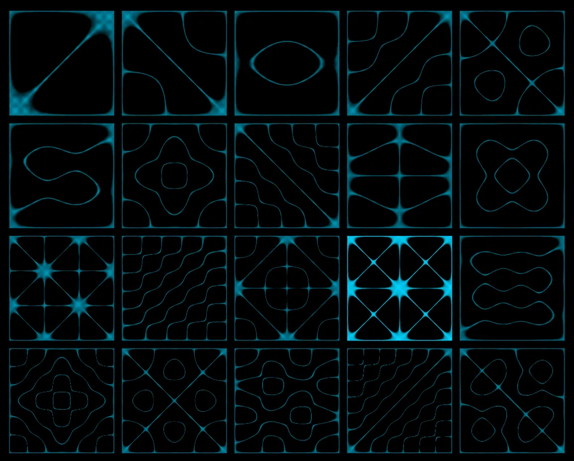 Grid of twenty Chladni vibration patterns, cyan lines on black